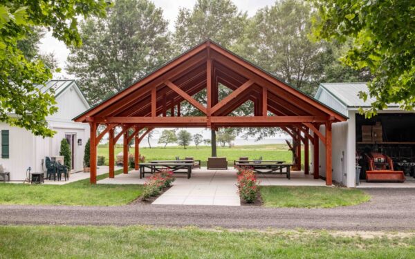 38x30 Kingston Pro Timber Frame Pavilion, front side, above sidewalk and garden area.