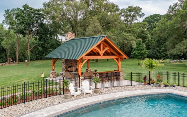 Front side of 18x20 Kingston Pro Timber Frame Pavilion above pool