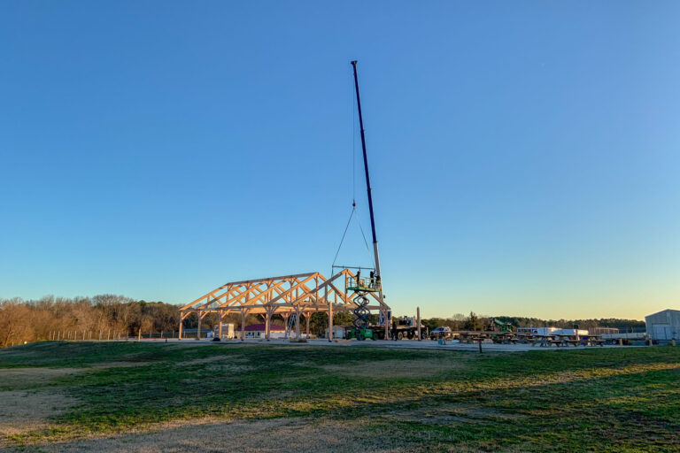 kingston timber frame pavilion being set