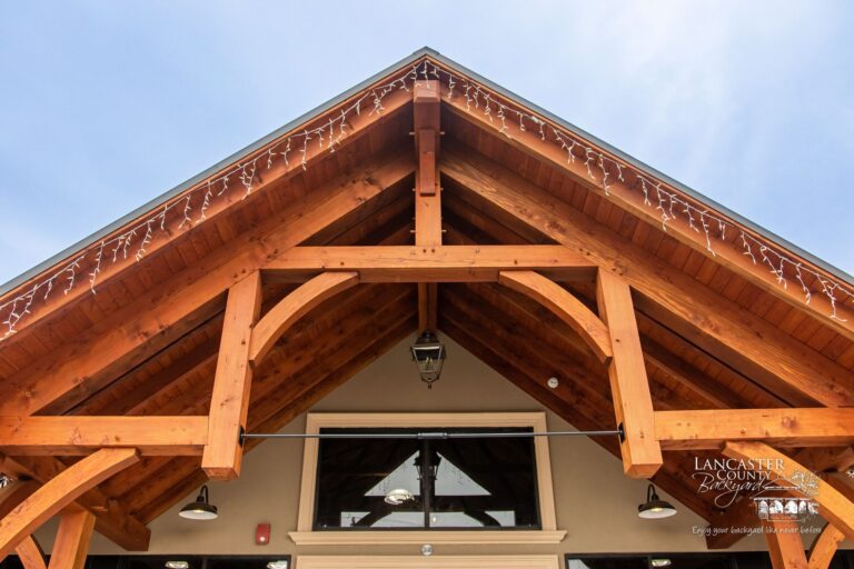 large timber frame trusses on storefront