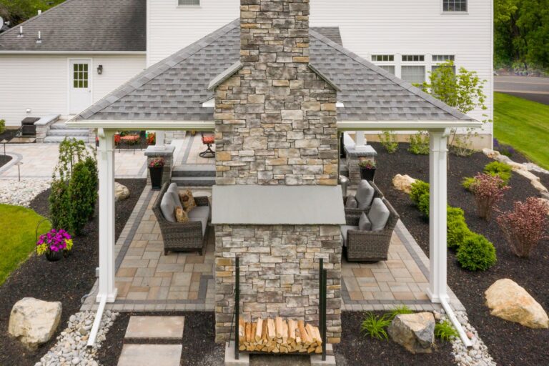 beautiful 18x20 caribbean vinyl pavilion with a fireplace