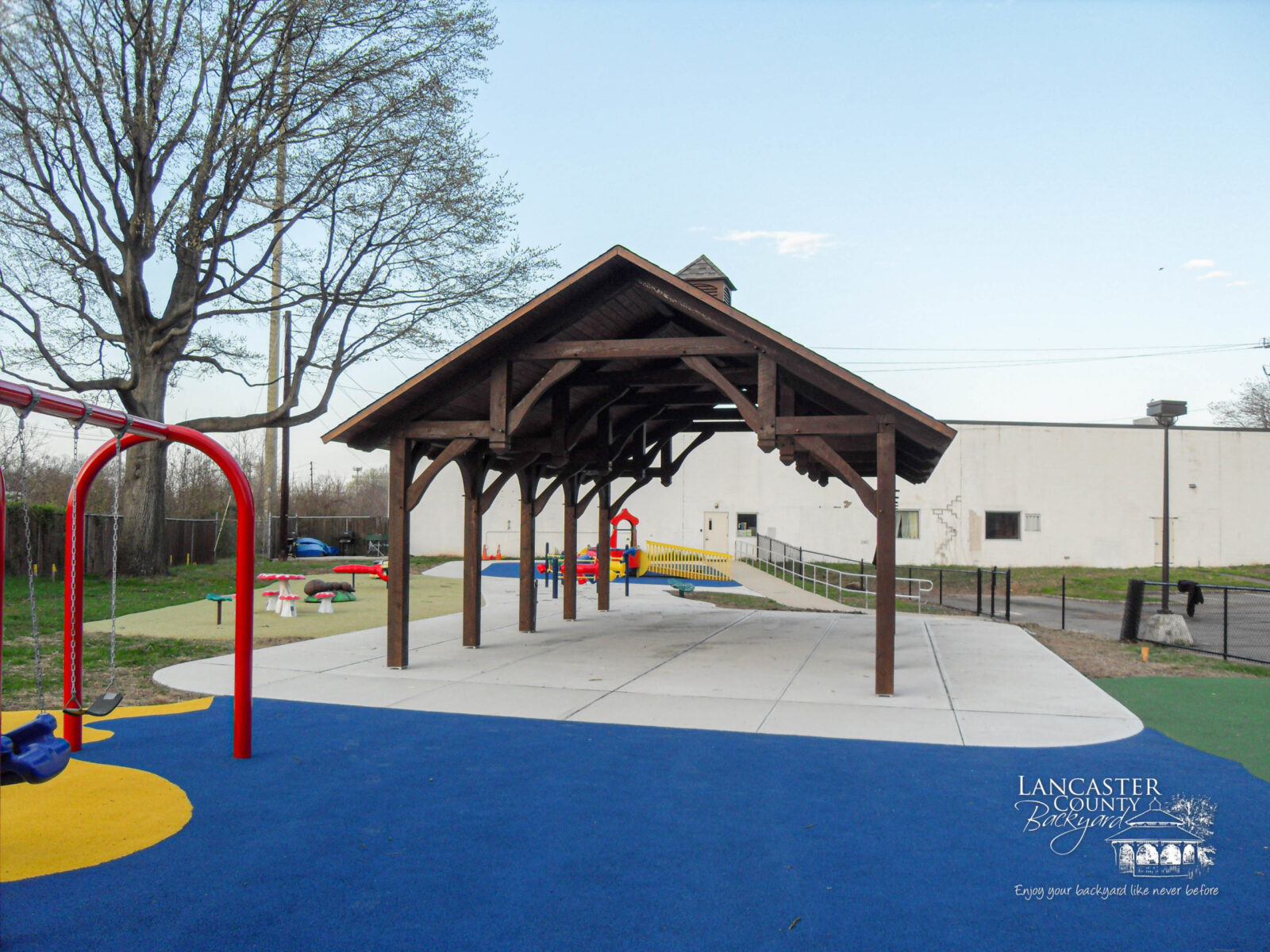 Life is Good under a Timber Frame Outdoor Pavilion