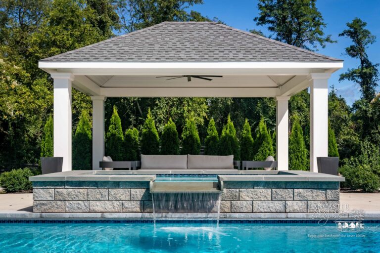 vinyl caribbean pavilion by a hot tub and pool
