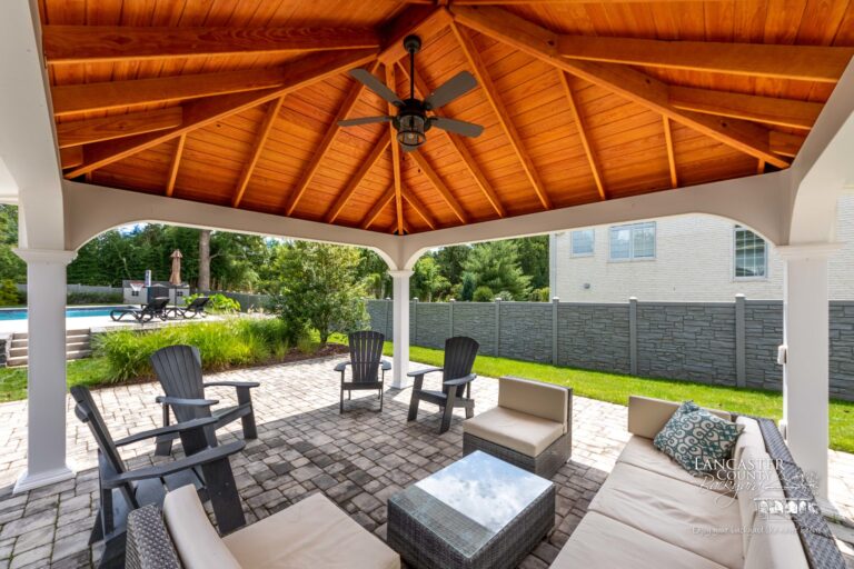 14x16 vinyl montford pavilion with a ceiling fan