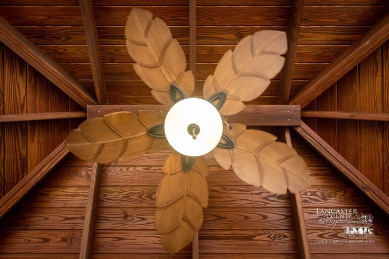 ceiling fan in an outdoor vinyl pavilion