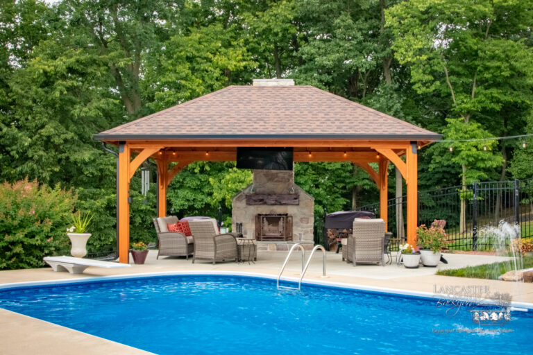 poolside wooden pavilion