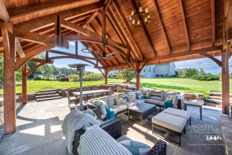 outdoor furniture in a backyard pavilion