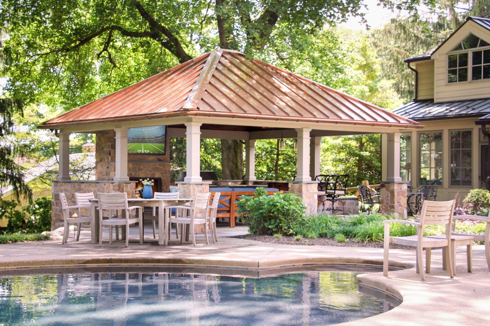caribbean vinyl pavilion with outdoor fireplace