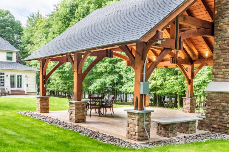24x24 grand teton pavilion with stone fireplace