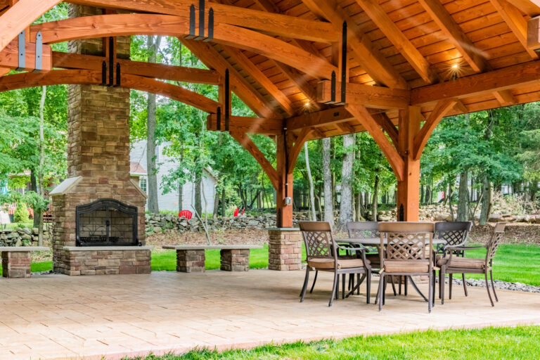24x24 grand teton timber frame pavilion with fireplace