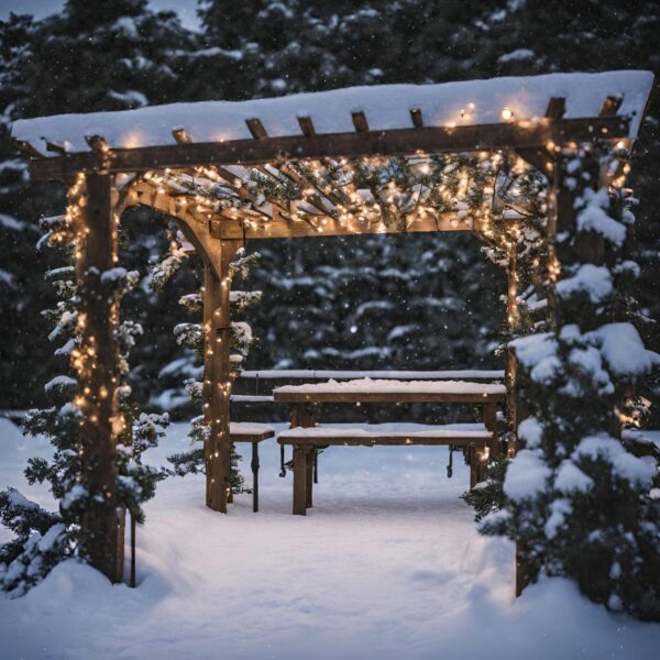 outdoor pergola in winter with lights scaled