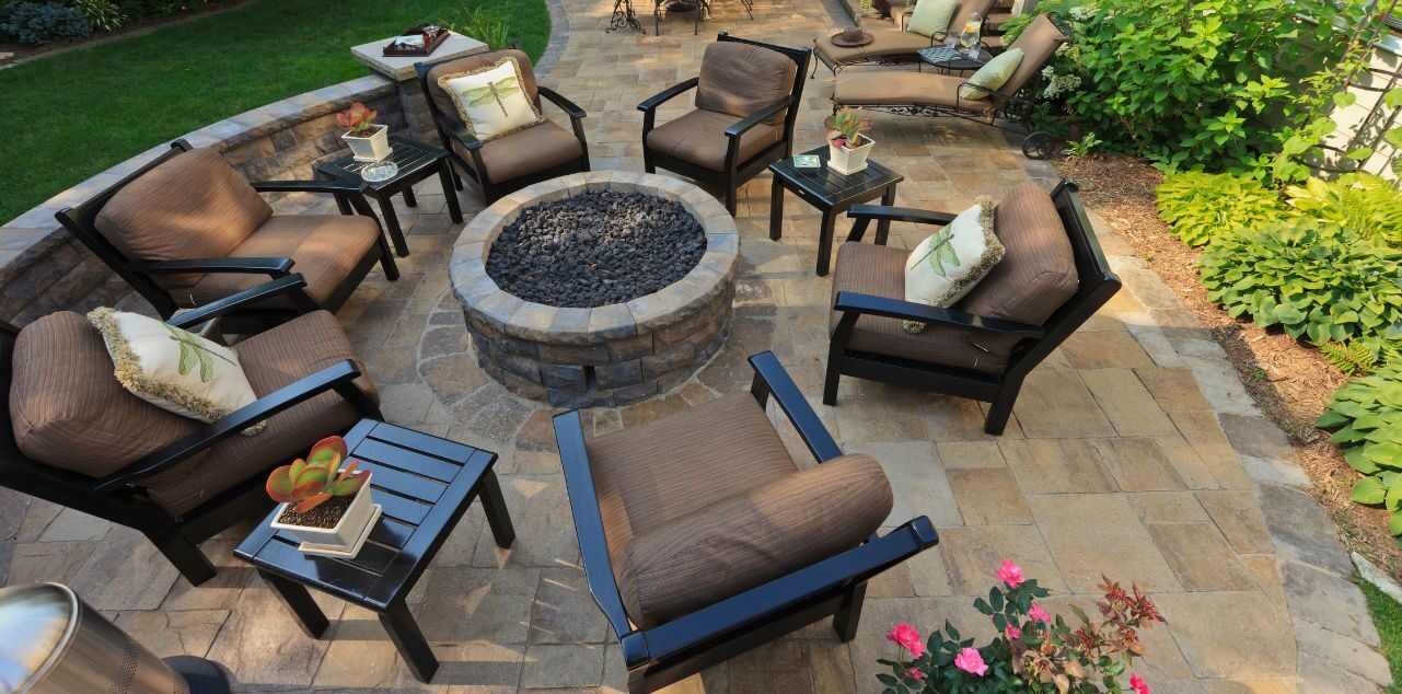Outdoor patio with furniture and firepit