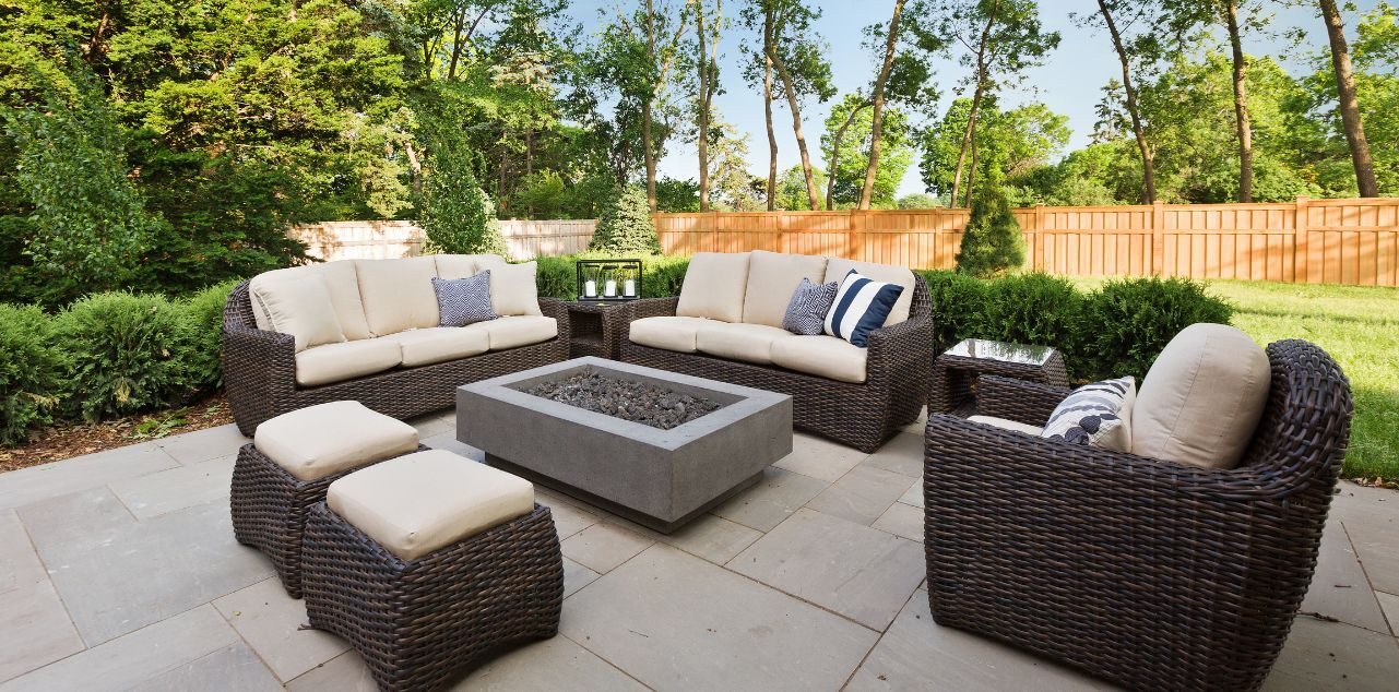 Wicker Furniture with modern fireplace