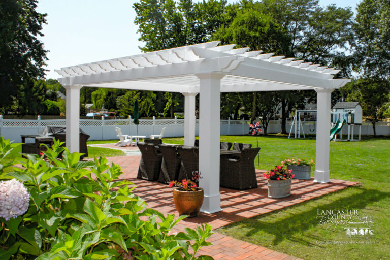 Beautiful backyard white vinyl pergola 1 scaled 768x512 f50 50