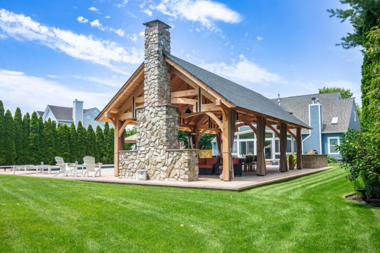 Stunning Grand Teton Timber Frame Pavilion with stone fireplace in Moriches NY scaled 768x512 f50 50