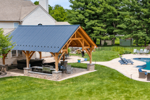Denali Timber Pavilion For Sale in Virginia, in grass by pool