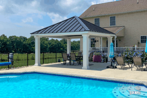 Caribbean Vinyl Pavilion for sale in Virginia. Poolside white and brown