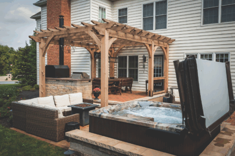 BOULDER WOOD PERGOLA Brown, next to open hot tub