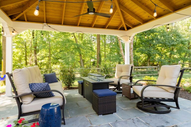 Seating area under 12x16 Shoreline Vinyl Pavilion