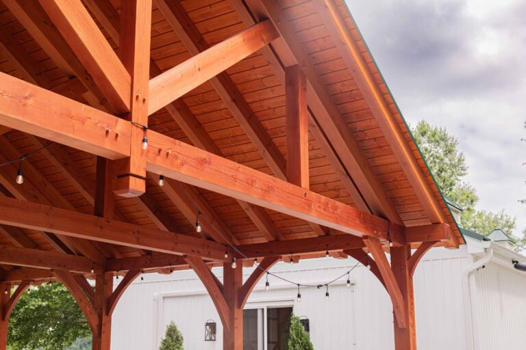 Front of ceiling beams of 38x30 Kingston Pro Timber Frame Pavilion