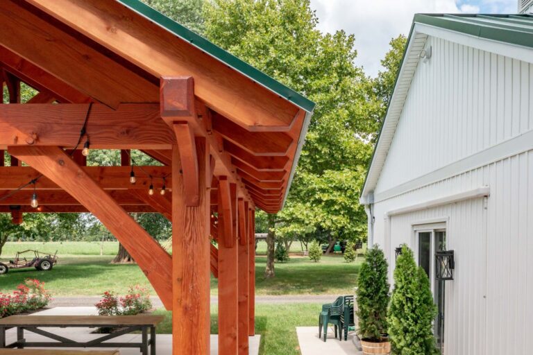 Side corner beams and ceiling of 38x30 Kingston Pro Timber Frame Pavilion.