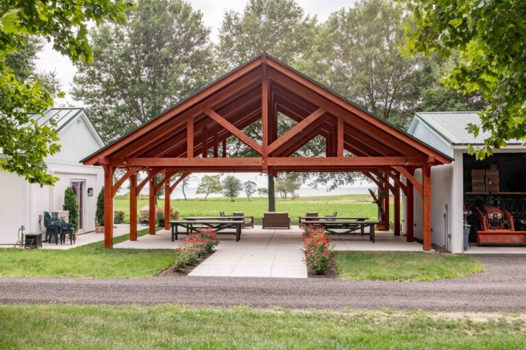 38x30 Kingston Pro Timber Frame Pavilion, front side, above sidewalk and garden area.