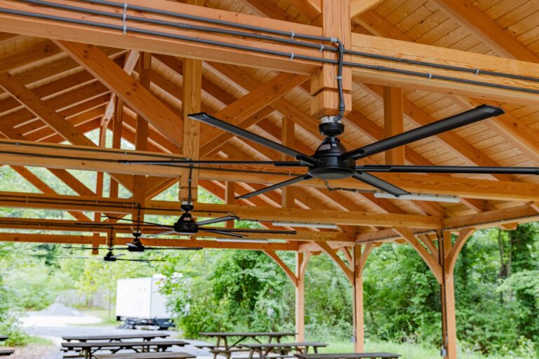 Closer shot of ceiling fans in 40x60 Kingston Timber Frame Pavilion
