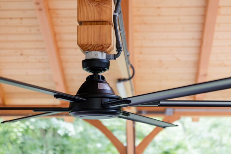 Close up of ceiling fan and wiring inside the 40x60 Kingston Timber Frame Pavilion