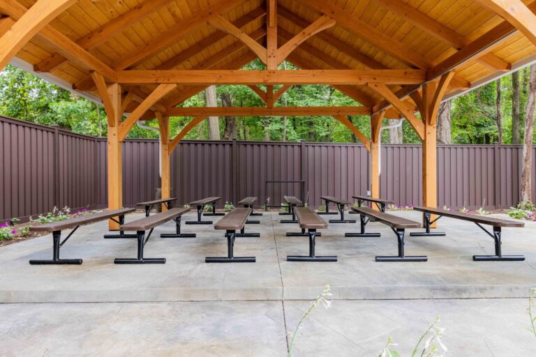 20x24 Kingston Timber Frame Pavilion seating and ceiling view