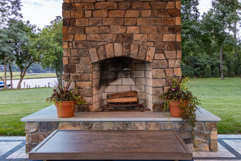 Fireplace inside 18x20 Kingston Pro Timber Frame Pavilion