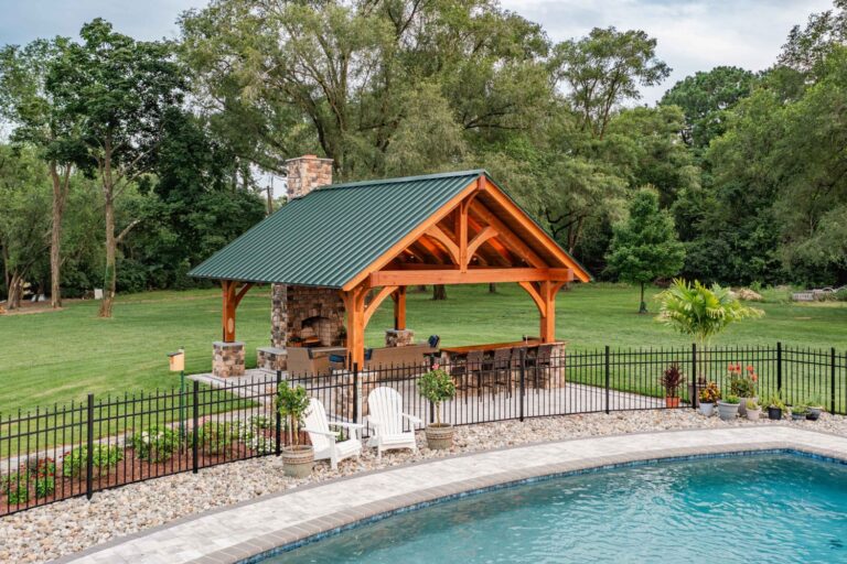 Front side of 18x20 Kingston Pro Timber Frame Pavilion above pool