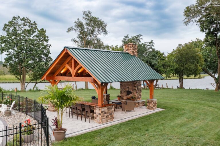 18x20 Kingston Pro Timber Frame Pavilion, bar seating view, with lake in backyard