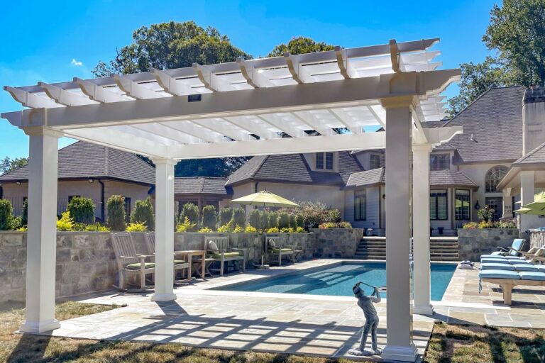 8x14 White Cancun Vinyl Pergola over golf statue