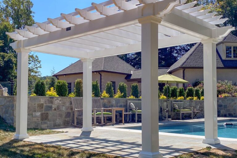 Underneath 8x14 White Cancun Vinyl Pergola