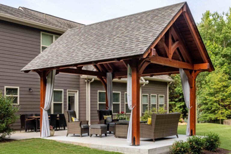 Side corner of Kingston Pro Timber Frame Pavilion in Jefferson GA