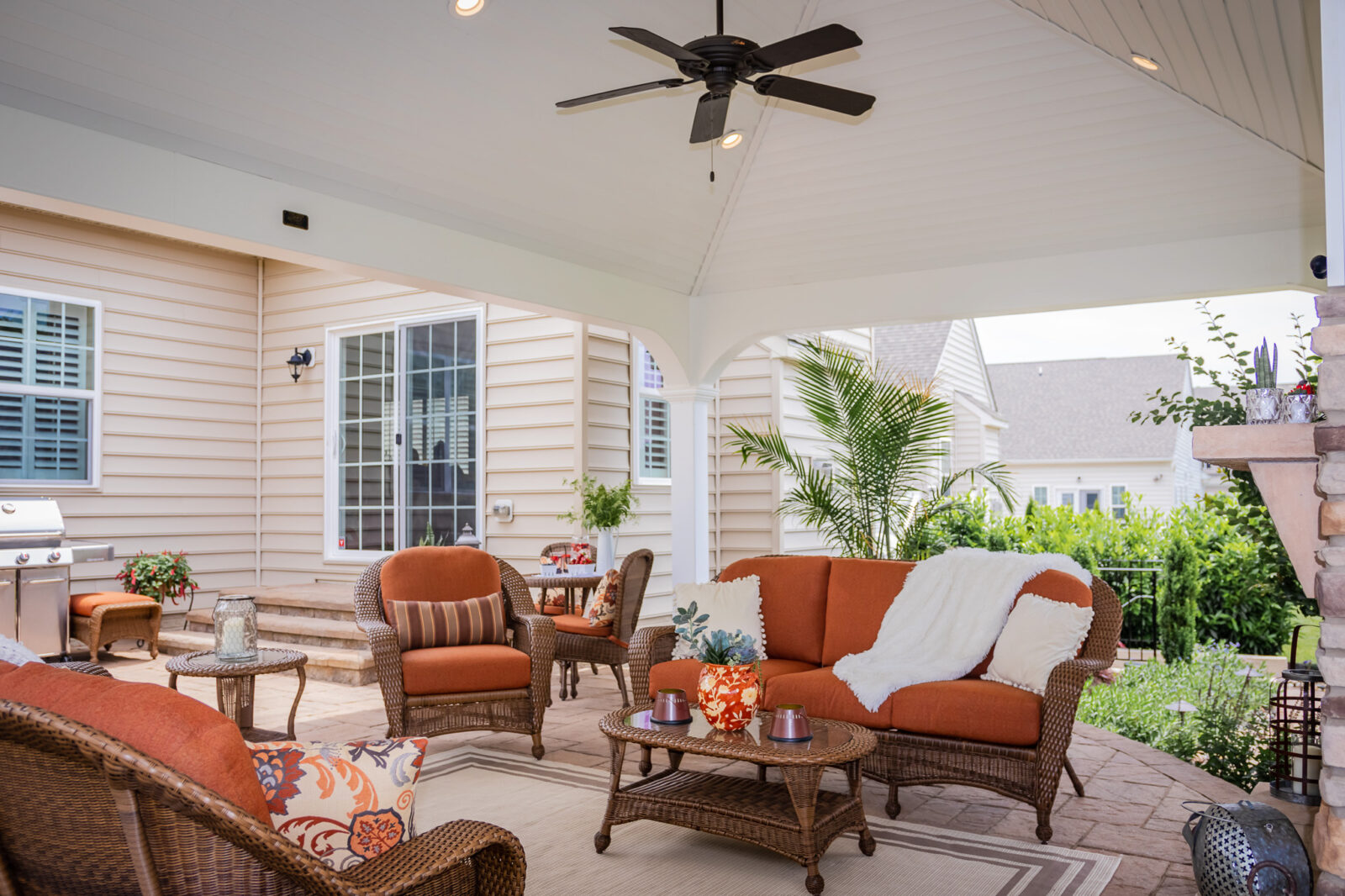 White vinyl pavilion with recessed pavilion lighting and ceiling fan
