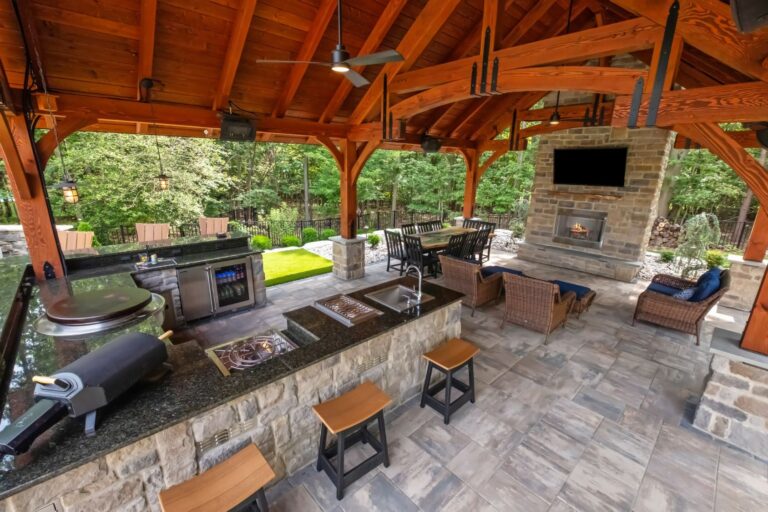Above shot of bar and counter seating inside 20x30 Grand Teton Timber Frame Pavilion in Pasadena MD