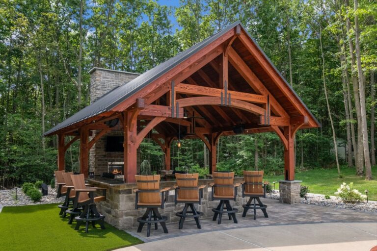Bar, seating, and 20x30 Grand Teton Timber Frame Pavilion in Pasadena MD