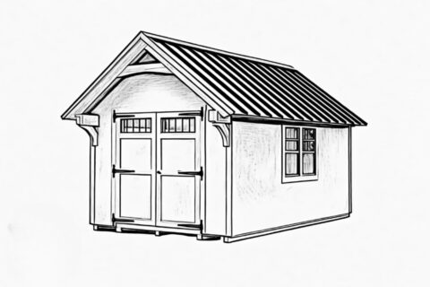 Lancaster Timber Frame Shed Sketch with double door and timber frame exterior
