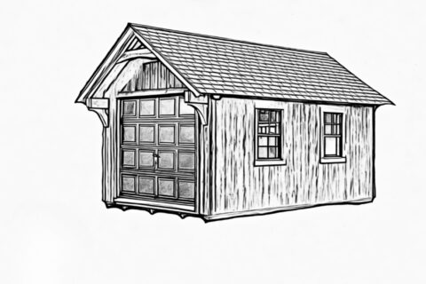 Sketch of York Timber Frame Shed with Timber Frame exterior and garage door. Two windows on side facing viewer