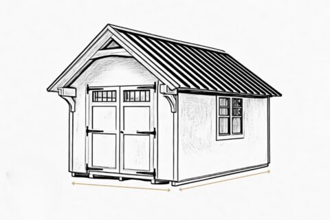 Lancaster Timber Frame Shed Dimensions highlighted via golden arrows
