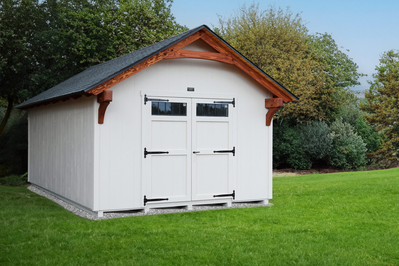 White Lancaster Timber Frame Shed with double door