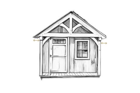 Sketch of front of somerset timber frame shed with timber framing porch and arrows outlining eave and gable