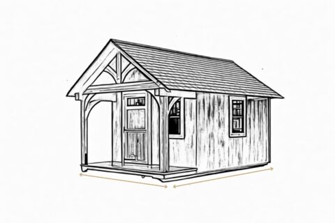 Sketch of Somerset Timber Frame Shed with golden arrows to highlight sides/dimensions
