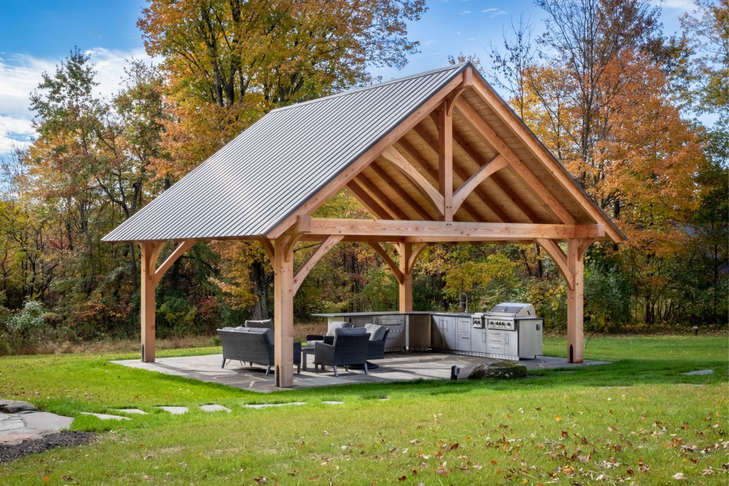 The Kingston Pro Timber Frame Pavilion with metal roofing and outdoor kitchen