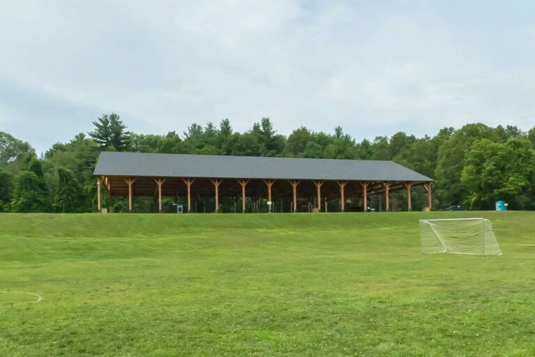 Completed 70x140 Kingston Timber frame pavilion in copake NY from soccer field