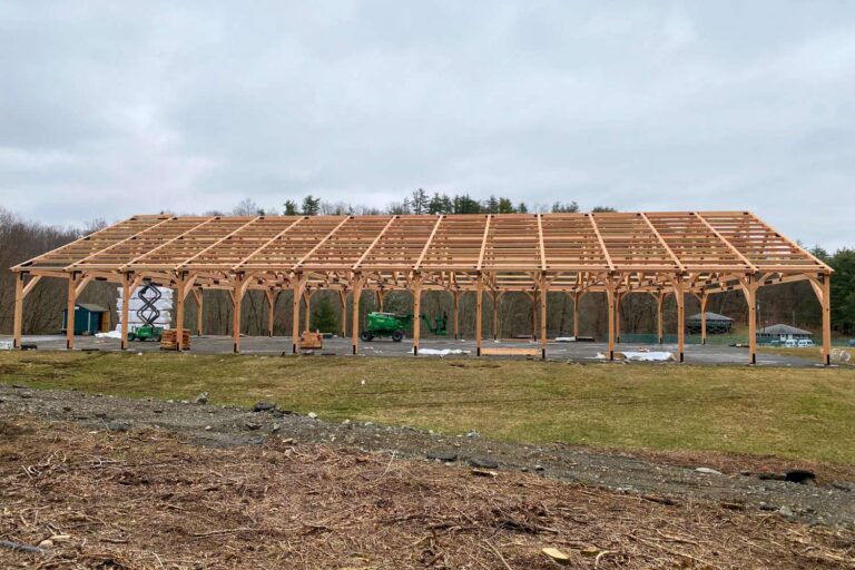 frame of 70x140 Kingston Timber Frame Pavilion in Copake NY under construction