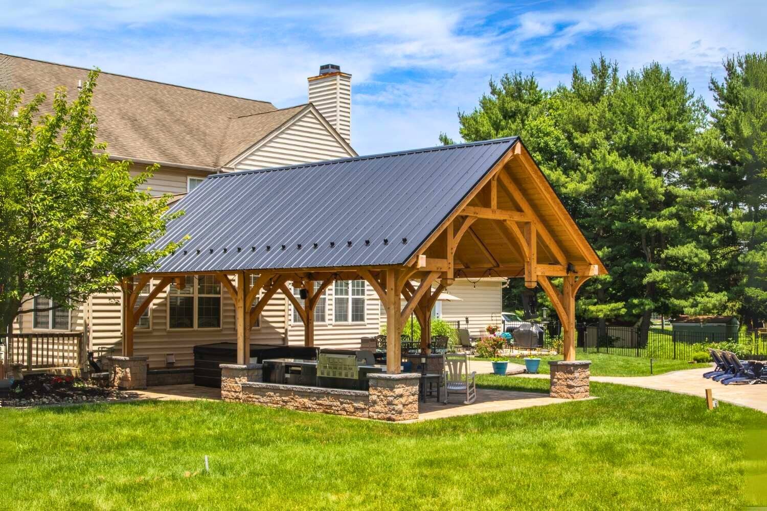 Denali TImber Frame Pavilion at distance with view of truss and posts