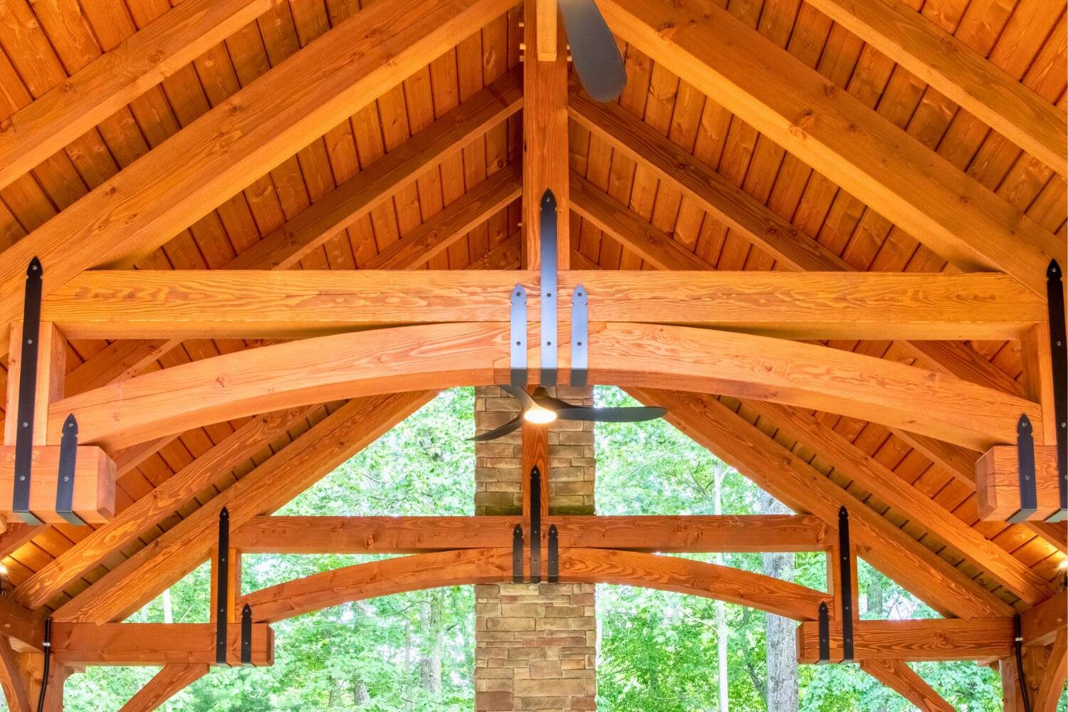 Timber frame pavilion with view of underside of roof