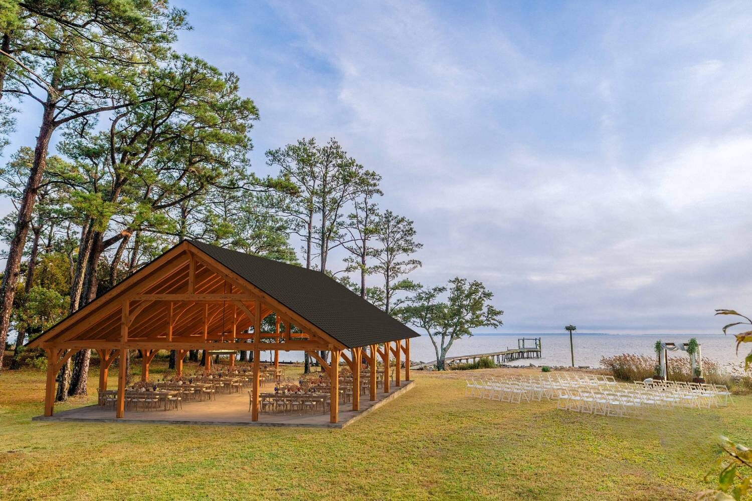 Kingston Pro timber frame pavilion next to a lake and a wedding venue
